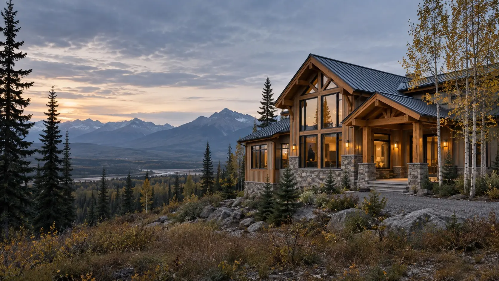 Timber home overlooking an Alaska mountain valley at sunrise